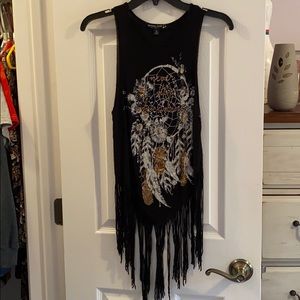 Black Fringe tank. Size S. Orange metallic letters